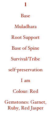 1BaseMuladharaRoot SupportBase of SpineSurvival/Tribeself-preservationI amColour: RedGemstones: Garnet, Ruby, Red Jasper
