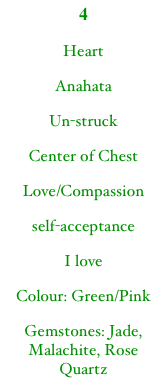 4HeartAnahataUn-struckCenter of ChestLove/Compassionself-acceptanceI loveColour: Green/PinkGemstones: Jade, Malachite, Rose Quartz